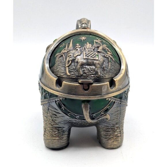 Vtg Enameled Metal Elephant Cigarette Ashtray with Hinged Lid Green Brass 6" - Picture 3 of 8